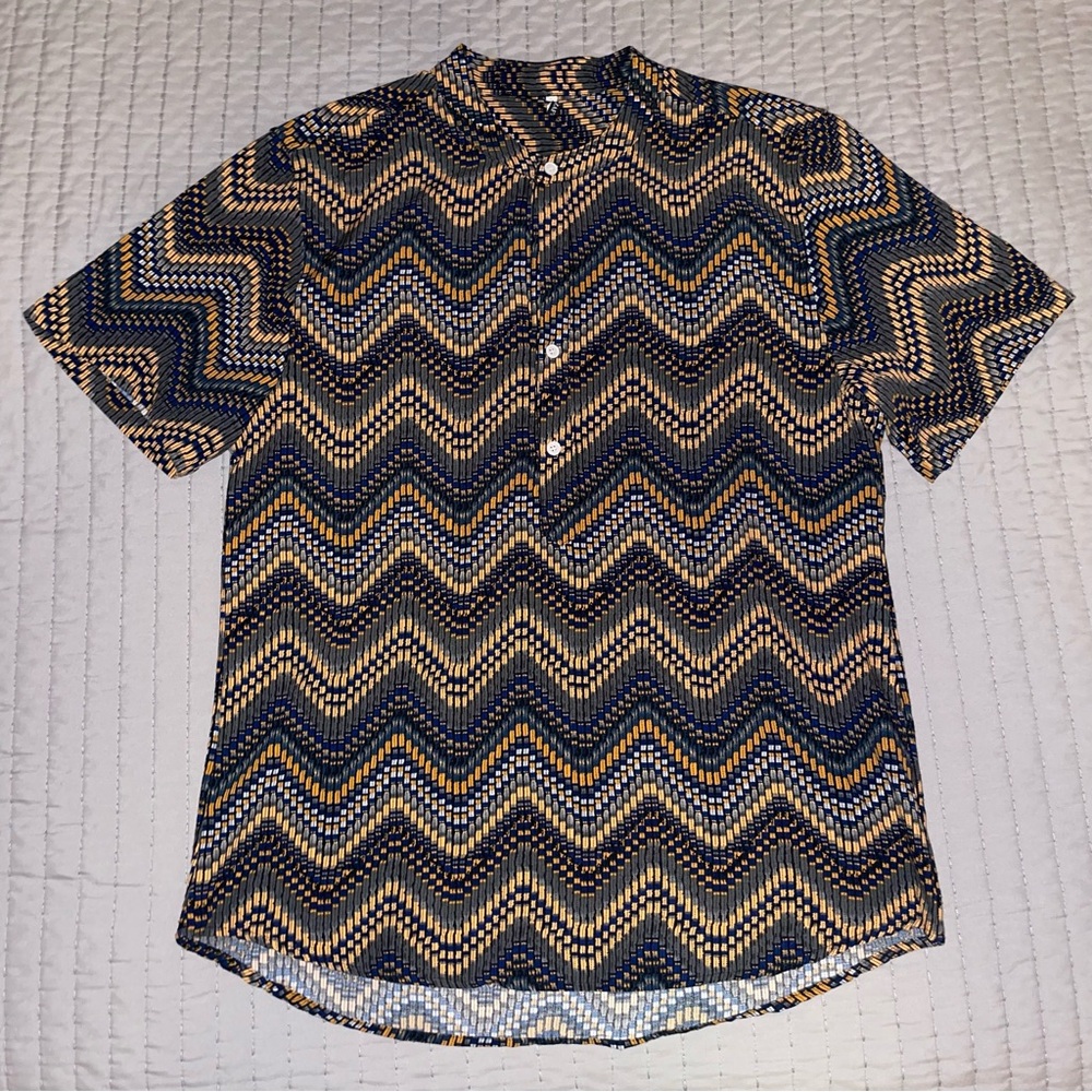 Men's Vintage Wave Graphic Tribal Print Half Button Short Sleeve Shirt